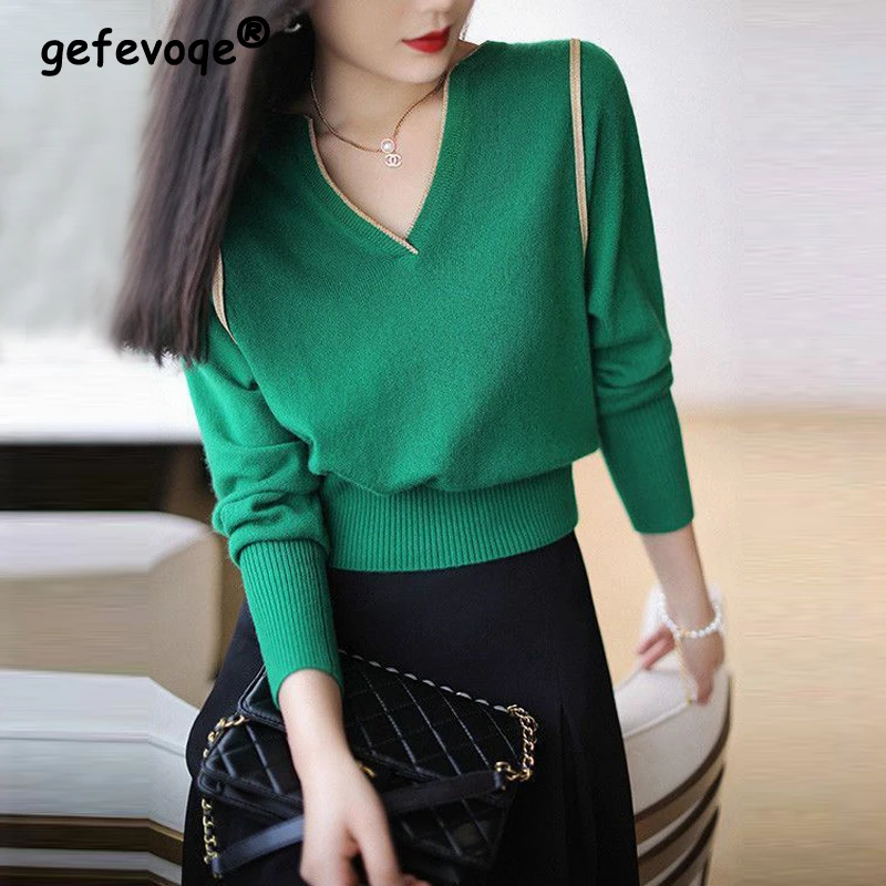 

Elegant Korean Style Chic Sweet Patchwork V Neck Slim Basic Knitwear Women Casual Solid Long Sleeve Pullover Top Female Clothing