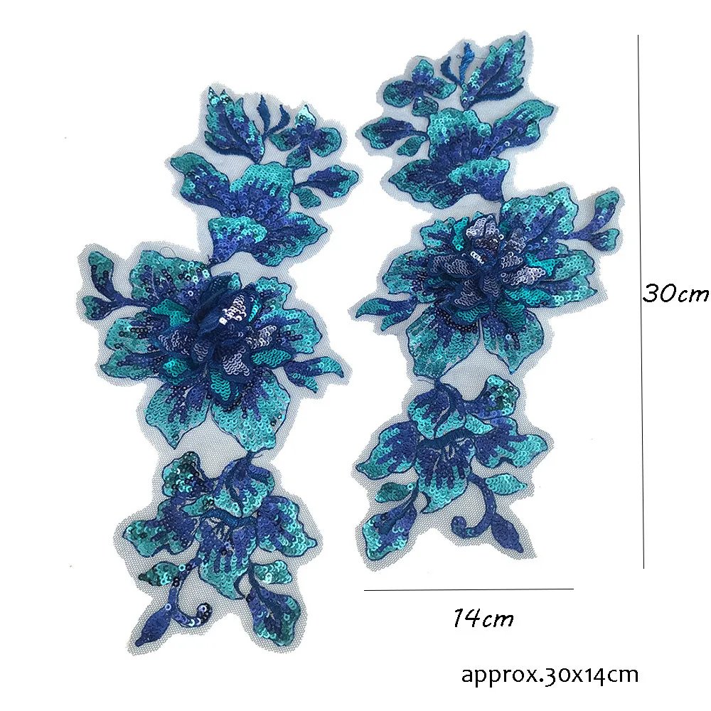 1 Pair Blue Sequin Flower Embroidered Lace Patch DIY Sewing Cloth Applique Collar Patches Dress Decoration