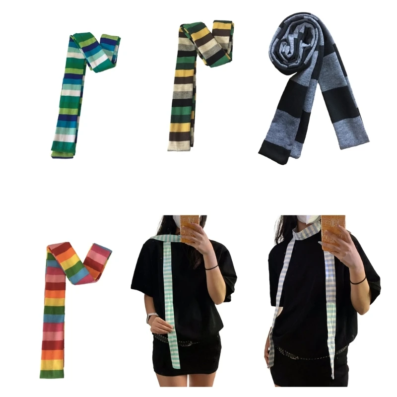 

New Y2K Punk Stylish Neckerchief Rainbow Striped Colorful Harajuku Multifunctional Long Skinny Scarf for Women and