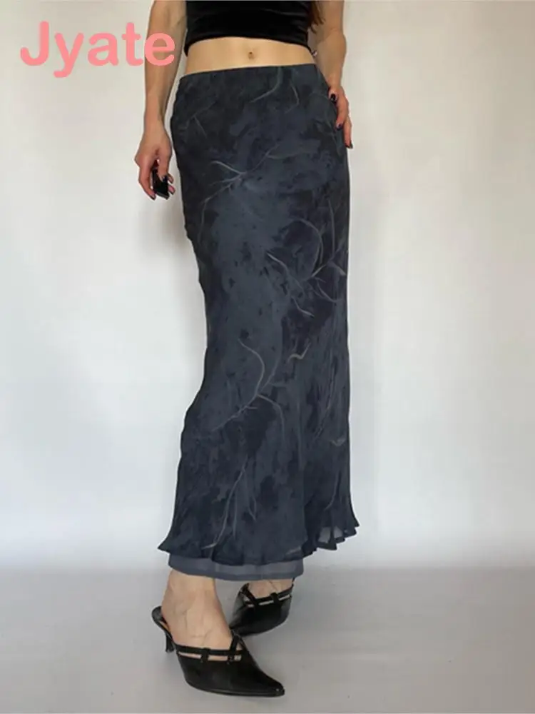 

Vintage Print Midi Skirts Women French Blue Bohemian Elegant Long Skirt Straight Harajuku Chic Bottom Trendy Casual Grunge