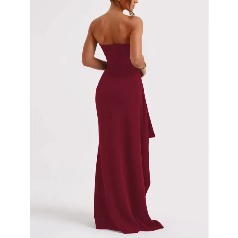 Spring and Summer New Women's Tube Top Solid Color Dress Fashionable and Sexy Sleeveless Slim Waist High Split Evening Dress