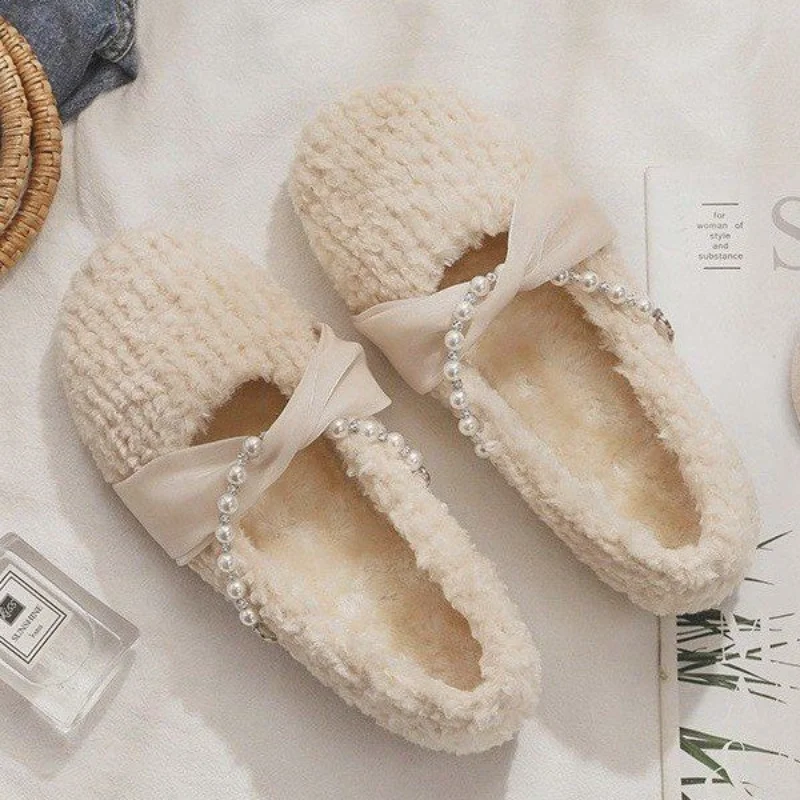 NEW Autumn Winter 2024 Fur Shoes Women's Flat Pearl Ribbon Shoes Women Cotton Shoes Warm Slip on Shoes for Women Loafers Flats
