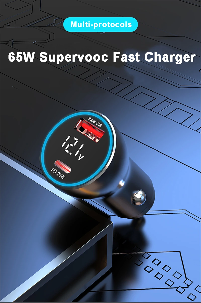 65W Supervooc 2.0 + 25W PD PPS Fast Car Charger For iPhone 13 Samsung S21 OPPO Find X2 Pro Reno 4 3 Realme 8 7 6 Pro USB-C Cable