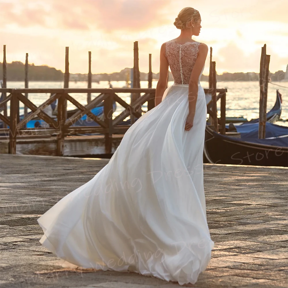 Simple Generous A-Line Women's Wedding Dresses V-Neck Sleeveless Lace Appliques Bride Gowns Ball Vestidos Novias Boda Customized 2