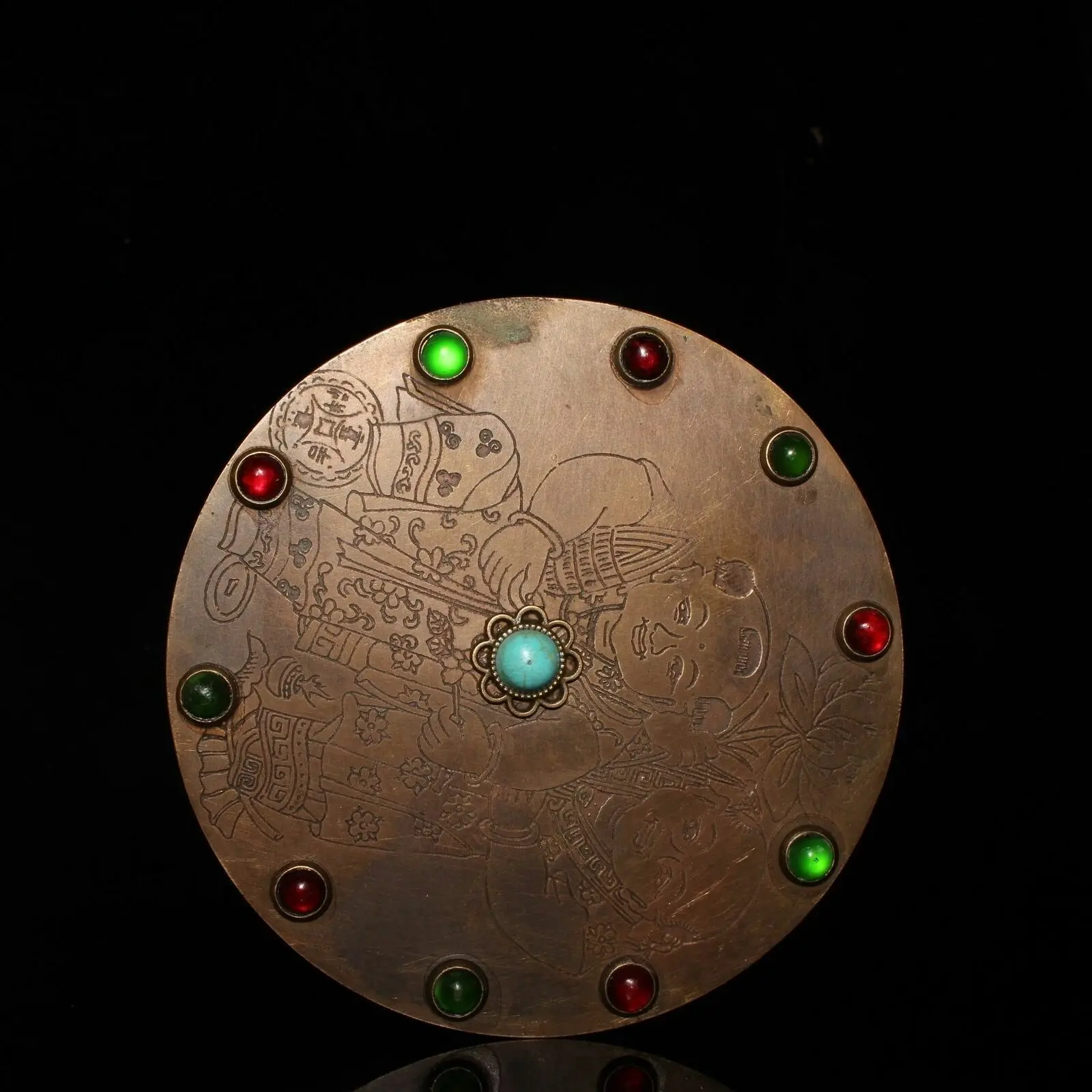 

Exquisite Chinese old antique bronze Gem inlay Round ink cartridge