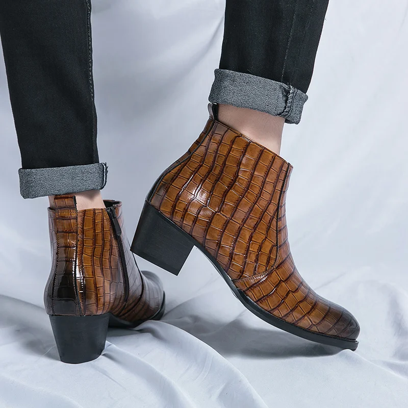 Leather High Heeled Boots Men Fashion Mens Chelsea Formal Shoes Business Casual Ankle Boot Men Dress High Heel Shoe