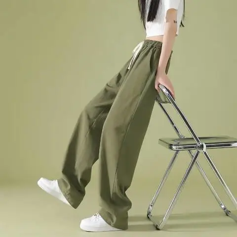 Casual Full Length Pure Color Wide Leg Pants High Waist Simple Loose Lace-up Green Black White Women's Pants Office Lady