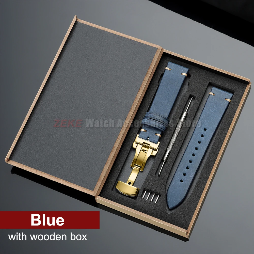 Elegant Genuine Leather Watch Band with Wooden Box & Butterfly Clasp Bracelet