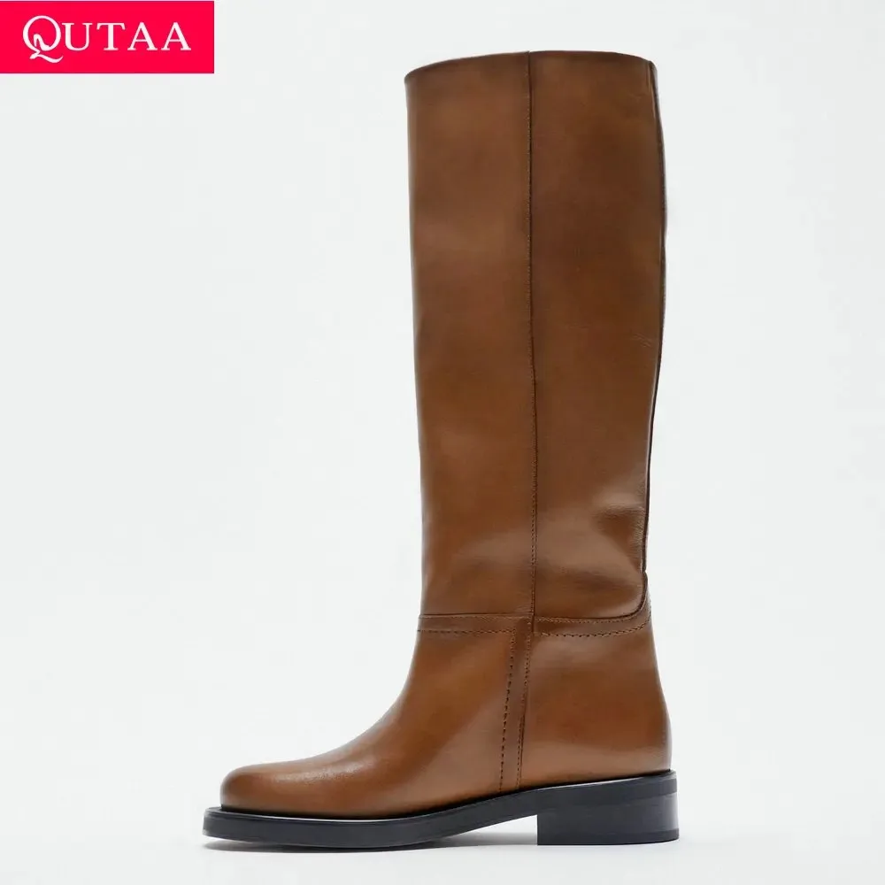 QUTAA Women Knee High Boots Full Cow Leather Med Heels Woman INS Office Lady Motorcycle Boots Long Winter Shoes 34-40