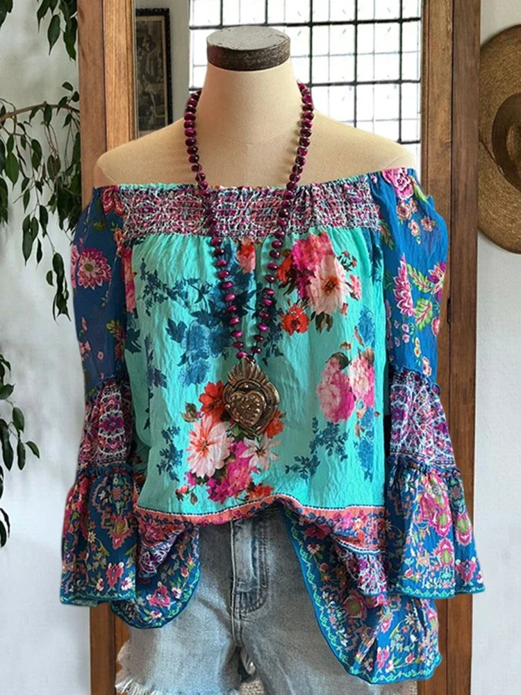 

Женская винтажная блузка с цветочным принтом, плиссированная Блузка с оборками, вырезом лодочкой, открытыми плечами и длинным рукавом