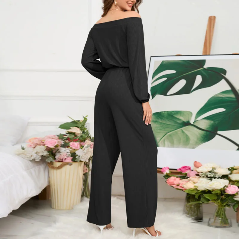 2023 New Autumn and Winter Fashion Casual Solid One Shoulder Jumpsuit Temperament Women's Slim Waist Lace Up Wide Leg Pants