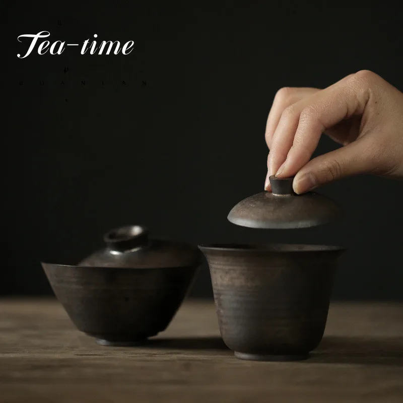 

150ML Japanese-style Handmade Ceramic Gaiwan Retro Gilding Galze Art Tea Maker Hand-grabbing Bowl with Lid Kung Fu Teaware Set