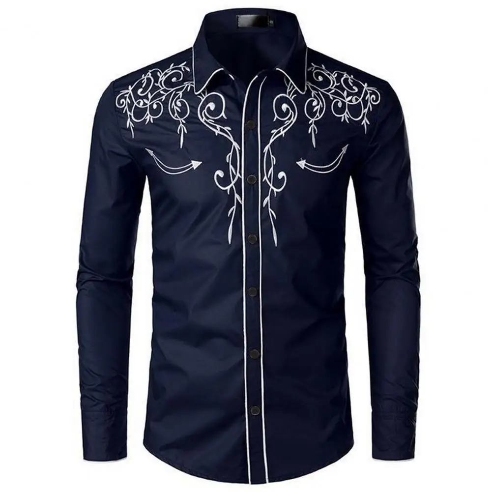 Men Western Cowboy Shirt Lapel Collar Single-breasted Long Sleeve Embroidery Slim Fit Casual Shirt Top