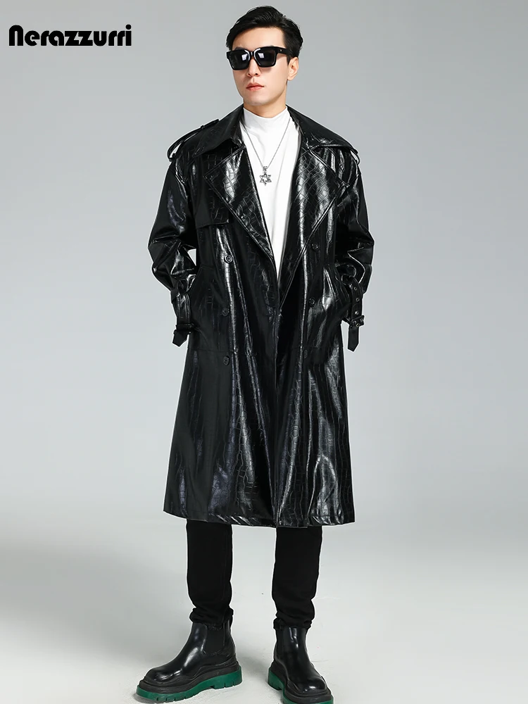 NerazzurriAutumnWinterLongBlackCrocodilePrintPuLeatherTrench