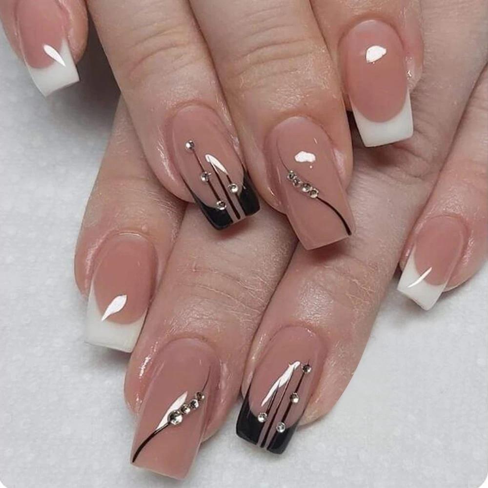 Uñas postizas cortas en blanco y negro, 24 piezas, diseño de diamantes de  imitación de línea ondulada, uñas acrílicas de cobertura completa| | -  AliExpress