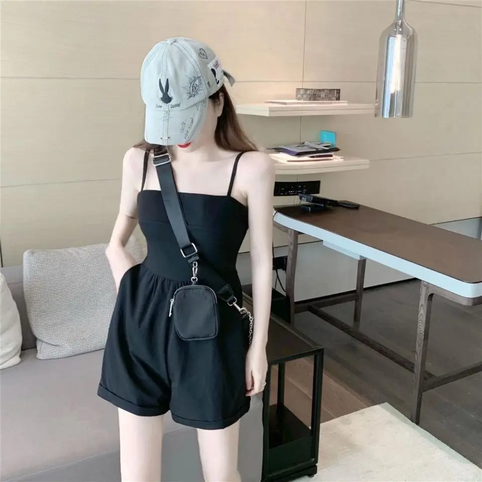 2022 Suspender One-piece Stealth Open Fork Pants Women's Summer Thin High Waist Straight Tube Loose Casual Short Jumpsuits Women
