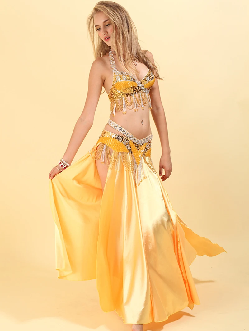

Women Adult Belly Dance Bra Beading Split Skirt Bow Swing Long Dress Mesh Ethnic Dancewear Stage Performance Three Piece Sets