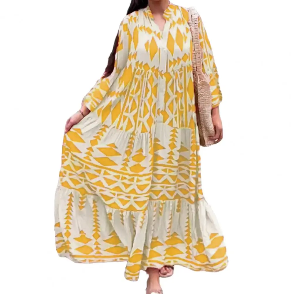 

Loose Long Dress Bohemian Geometric Print Patchwork Maxi Dress A-line Stand Collar Ankle Length Fall/spring Fashion for Women