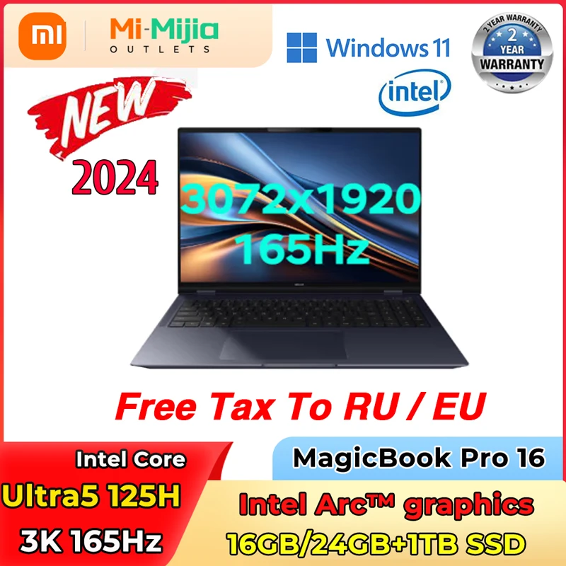 HONOR MagicBook Pro 16 게임용 노트북, 인텔 아크 그래픽, 3K 165Hz 화면, 16 인치 디자인 Al 노트북, Ultra5, 125H, 16G, 24G, 1T SSD