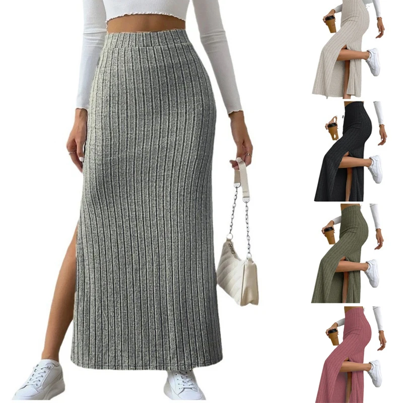 

2024 New Fashion Summer Women High Waist Elastic Side Slit Slim Knit Skirt Sexy Skirt Slit Female Bodycon Skirts for Women