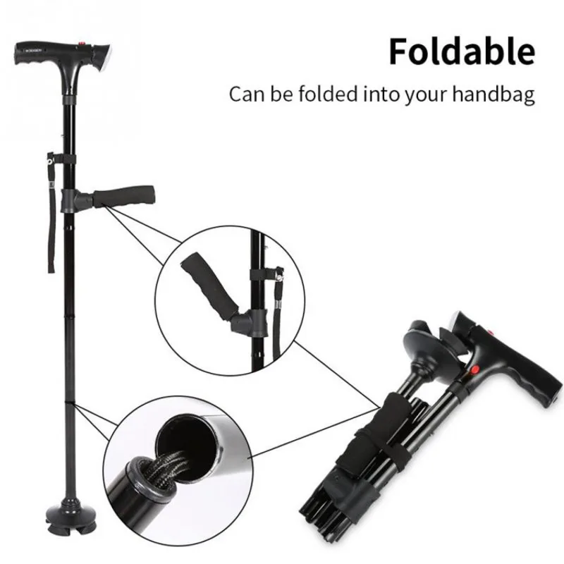 Folding Walking Cane New Telescopic Folding Crutch Cane Elder Cane LED with Alarm Walking Trusty Sticks Elder Collapsible Crutch for Mothers Fathers folding walking cane