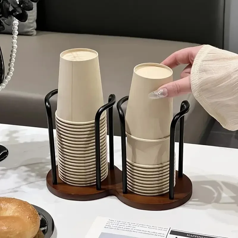 Disposable Cup Storage Holder Rack Shelf Water Cups Organizer Supplie Dispenser with Wood Mug Display Rack Desktop Decoration 2