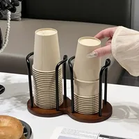 Disposable Cup Storage Holder Rack Shelf Water Cups Organizer Supplie Dispenser with Wood Mug Display Rack Desktop Decoration 2