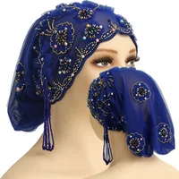 Luxury Women Hijab Lace Beaded Turban Muslim Headscarf Hat Bonnet Mesh Beanies Wedding Party Head Wrap Tassel Cap Turbante Mujer