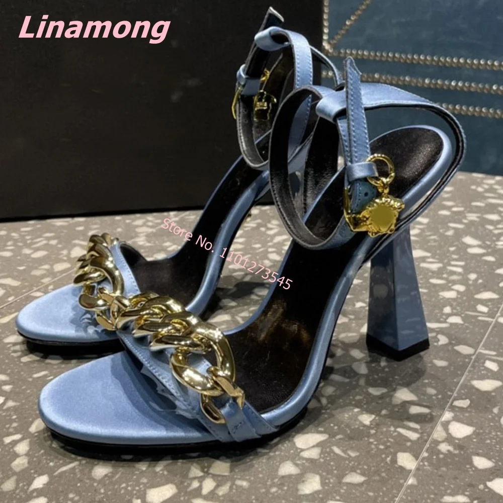 Round Toe Luxury Design Sandals 2024 Summer New Women Solid Thin High Heel Leather Sexy Luxury Metal Chain Wedding Party Shoes