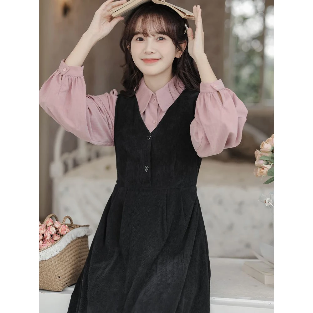 

Женская Вельветовая рубашка из двух частей платья а-силуэта с отложным воротником модные платья в стиле преппи Новинка Осень 2023 женские повседневные платья на бретелях