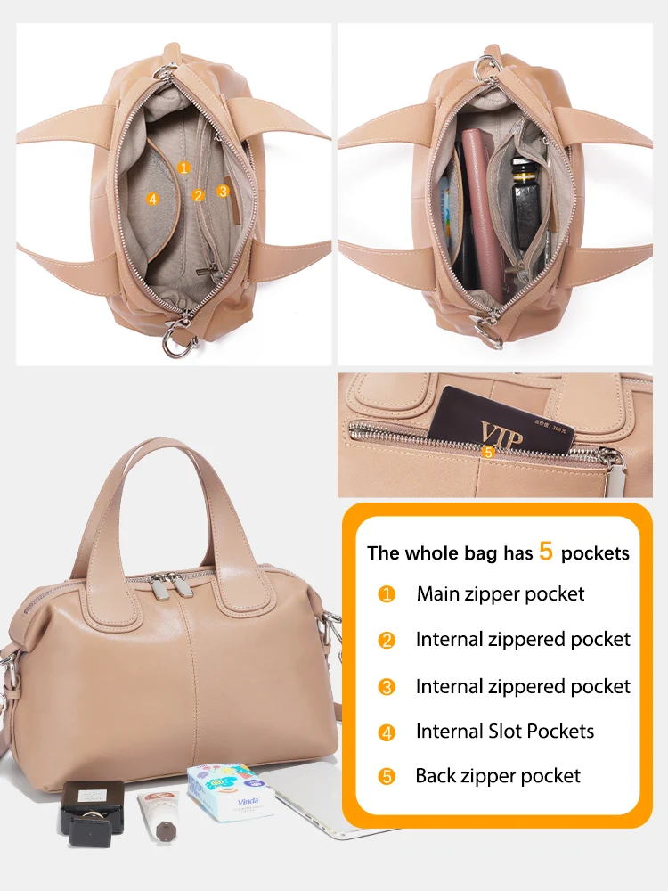 Zency Women's Soft Leather Crossbody Purse – Boston Pillow Bag, Genuine Leather, Convertible Strap
