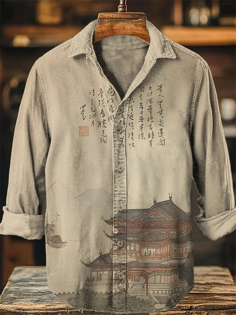 قميص كتان رجالي جديد بأكمام طويلة وزر قميص كاجوال بطبعة زهور ثلاثية الأبعاد وأكمام طويلة موضة يومية مريحة