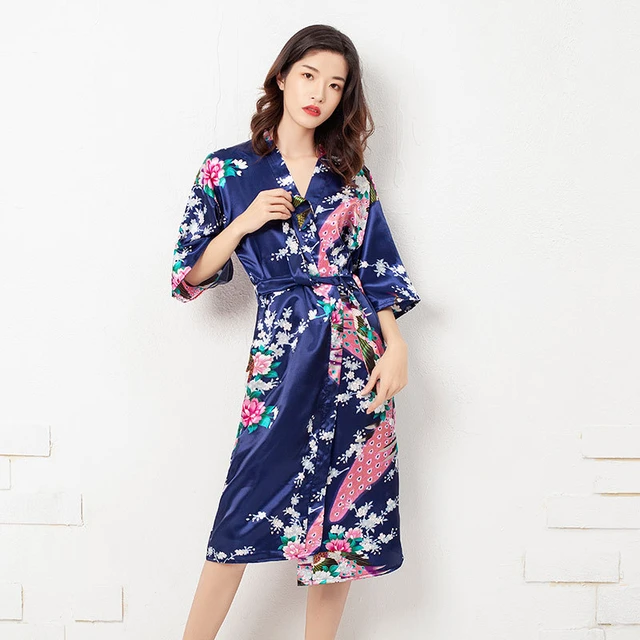 Female High-end Sleepwear Spring Summer Ice Silk Satin Silkly Home Bathrobe  Women Knee Length Luxury Robe Nightwear Lingerie - AliExpress