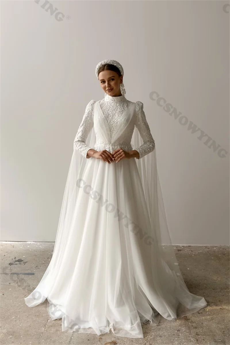 

Tulle Appliques Beaded Muslim Wedding Dress for Bride Islamic Long Sleeve High Neck Bride Gown Saudi Arabia Robe De Mariée