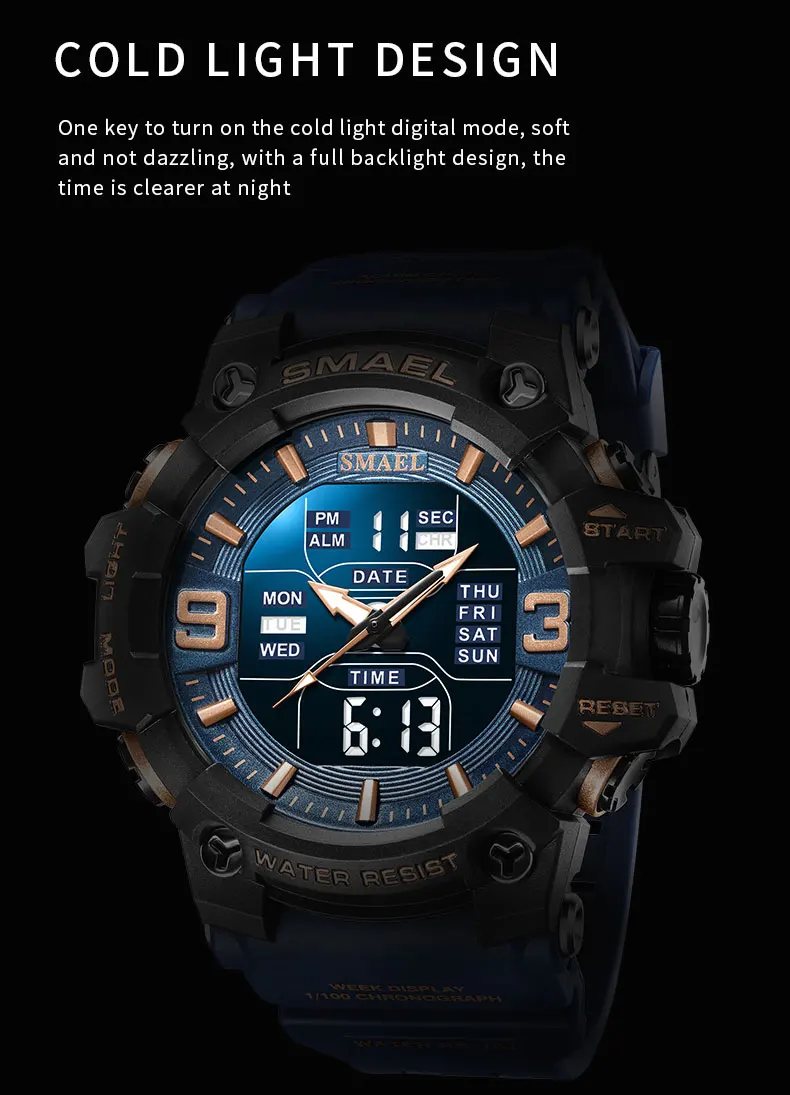 Smael Uhr Sport LED Licht Wecker Dual Time Display wasserdichte Woche Auto Datum Armbanduhren Quarz – Detail 10