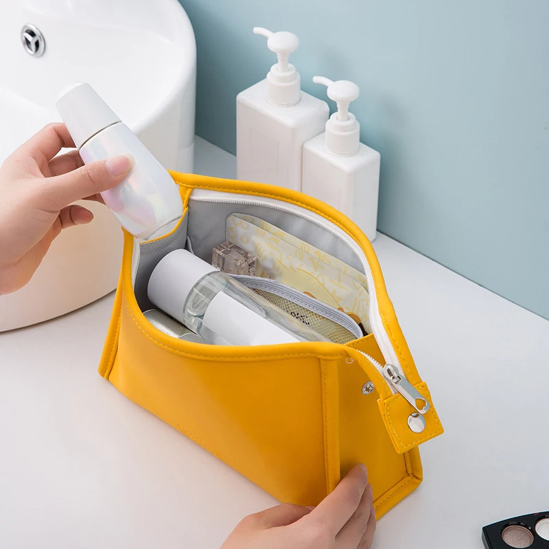 

Women Cosmetic Bag Waterproof PU Leather Solid Color Makeup Pouch Travel Portable Wash Toiletry Storage Bag Organizer Purse 2023