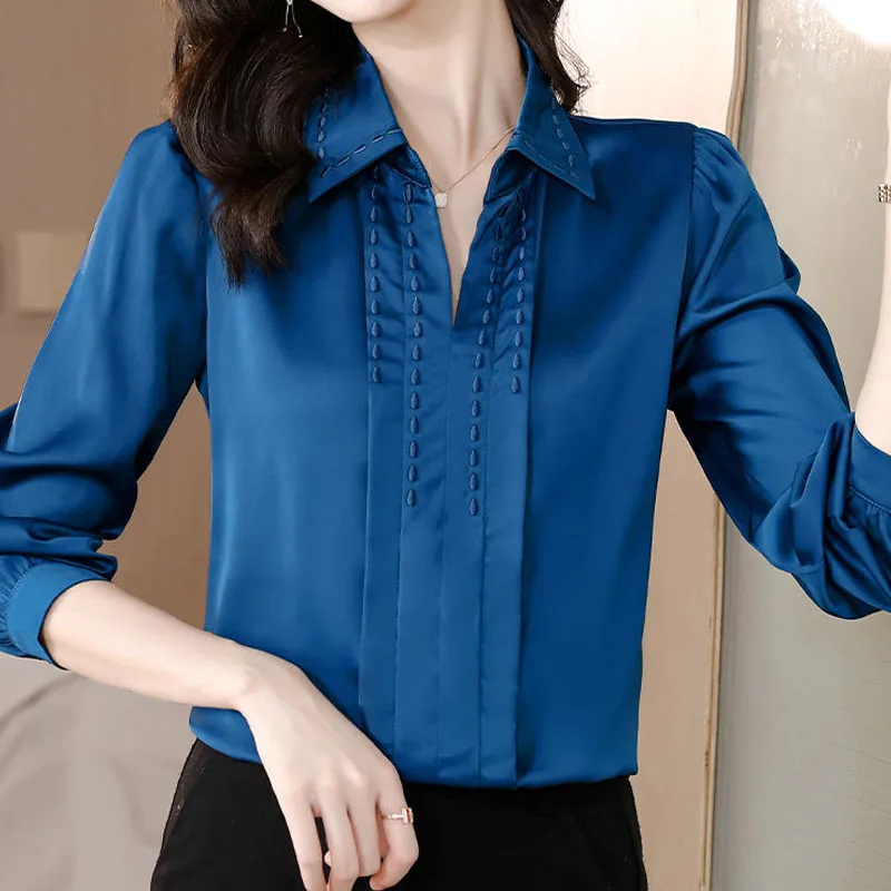 Simplicity Fashion Polo-Neck Solid Color Blouse Office Lady 2023 Spring Elegant Chic Spliced Long Sleeve Shirt Women's Clothing