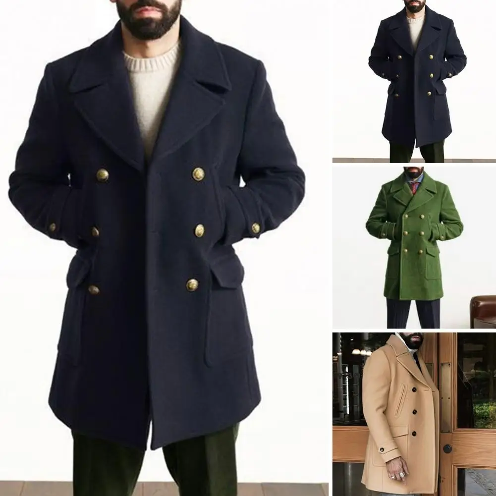 Men Formal Coat British Style Double-breasted Trench Coat with Notch Collar Pockets for Men Fall Winter Solid Color Thick Long