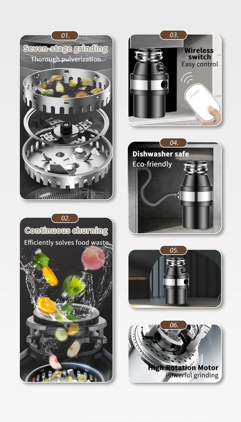 Description Picture 3 of itemDIVEDEER Kitchen Garbage Disposal Stainless Steel Food Crusher Waste Disposer for Residue Processor Air Switch Easy Install 560W