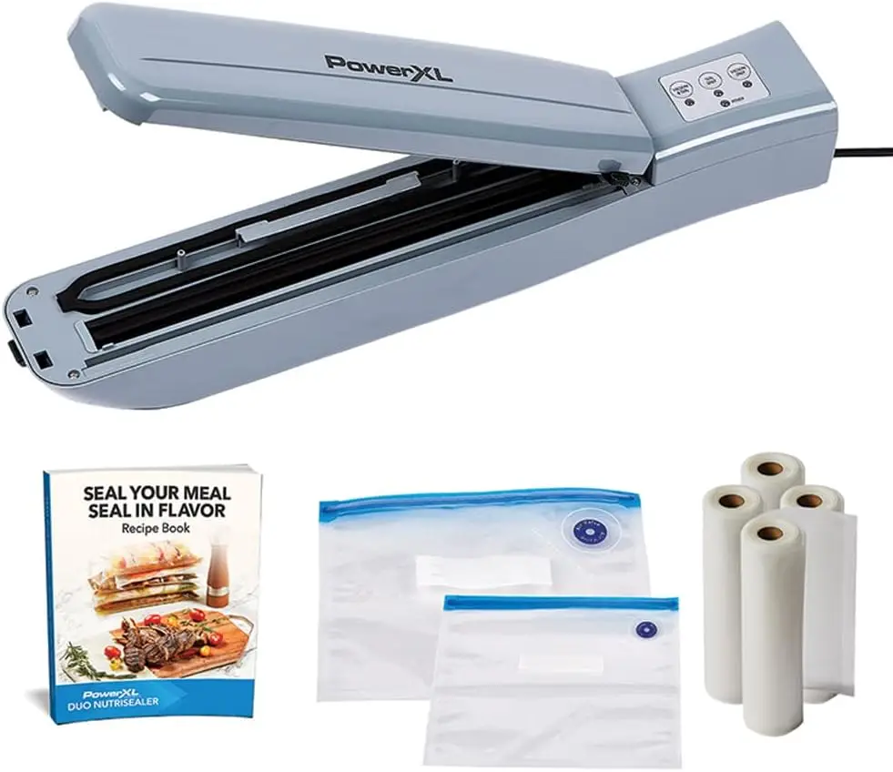 

PowerXL Duo NutriSealer Food Vacuum Sealer Machine with Vacuum Seal Bags & Rolls, Double Airtight Sealing with Built-in Cutter