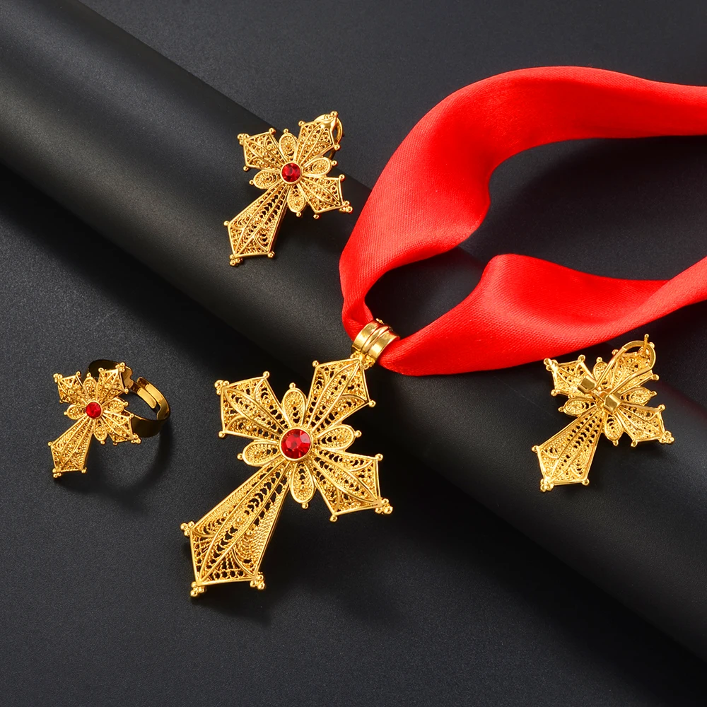 Ethiopian Cross Jewelry Set - 24k Gold Plated Pendant, Earrings & Ring, Brass Alloy (African Symbol)