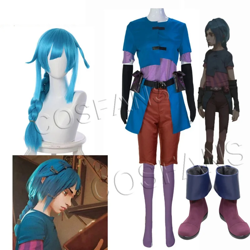 

Anime LOL Arcane Powder Jinx Cosplay Costume Wig Women for Halloween Party Cosplay Costume women men full wig shoes headgear