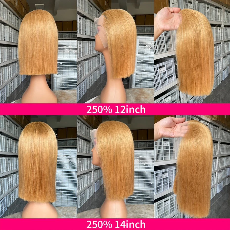 13x4 투명 본 스트레이트 레이스 프론탈 인모 베트남산 100% 숏밥 가발 (여성용) 250% 밀도  27개의 금발 레이스 프론트 가발
