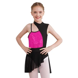 Kids Girls Shiny Sequins Gymnatics Ballet Lyrical Dance Dress Sleeveless Round Collar Off Shoulder Tight Jumpsuit Wrap Dress