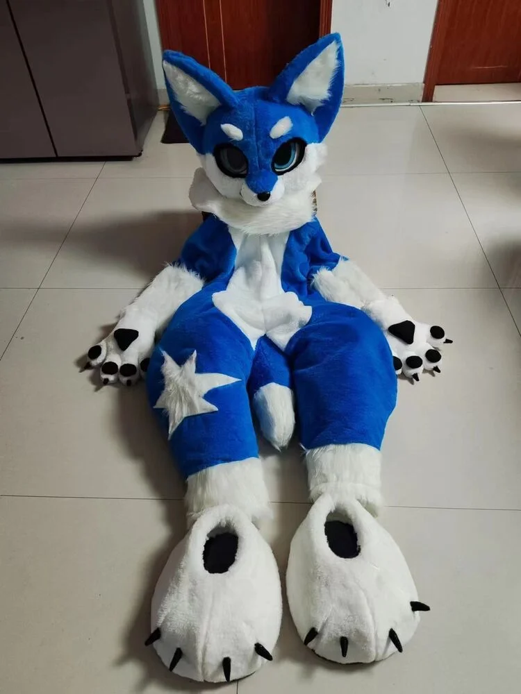 

Blue Fursuit Long Fur Husky Dog Fox Role Play Mascot Costume Party Advertising Dress Furry Costume