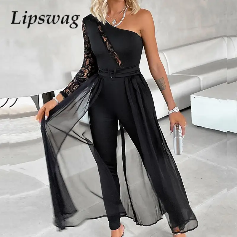 

Sexy Mesh Lace Splicing Waist Party Jumpsuit Women's Fashion Hollow Pencil Jumpsuit Elegant Diagonal Neck Solid Long Jumpsuit