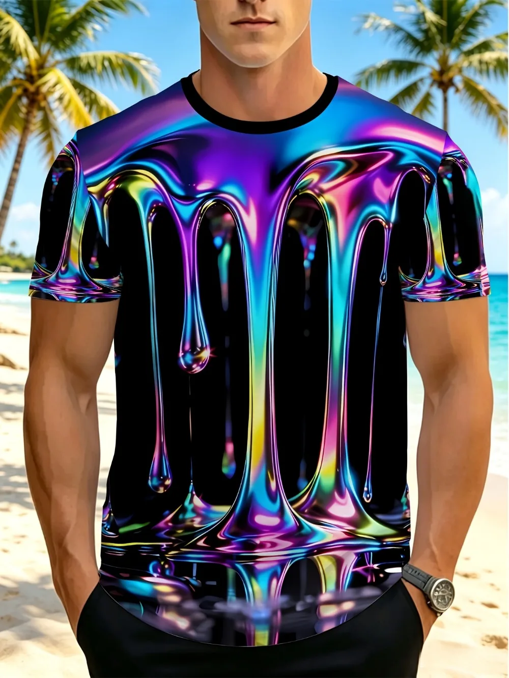 Bunte flüssige Tropfen fallen in 3D-gedrucktem Herren-T-Shirt, atmungsaktiv, für Freizeit und schnelltrocknend, Outdoor-Streetwear-Stil, Sport-Oberteil
