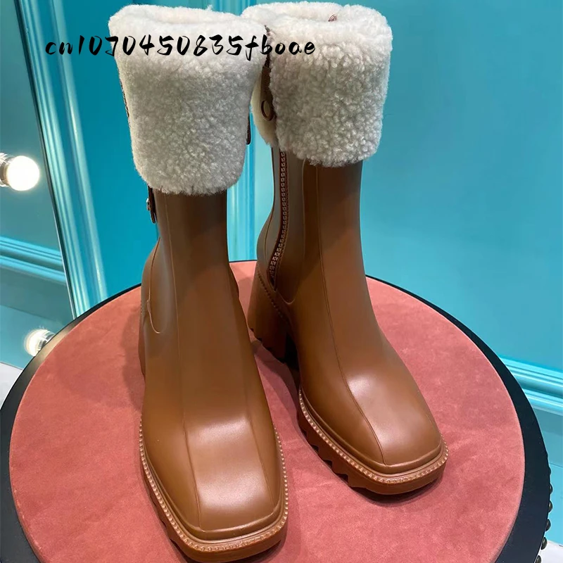 2022 Winter Hot sale Rain Boots Women Brown Grey Chunky Heel Mid Calf Boots Luxury Brand Chelsea Boots Ankle Boots female
