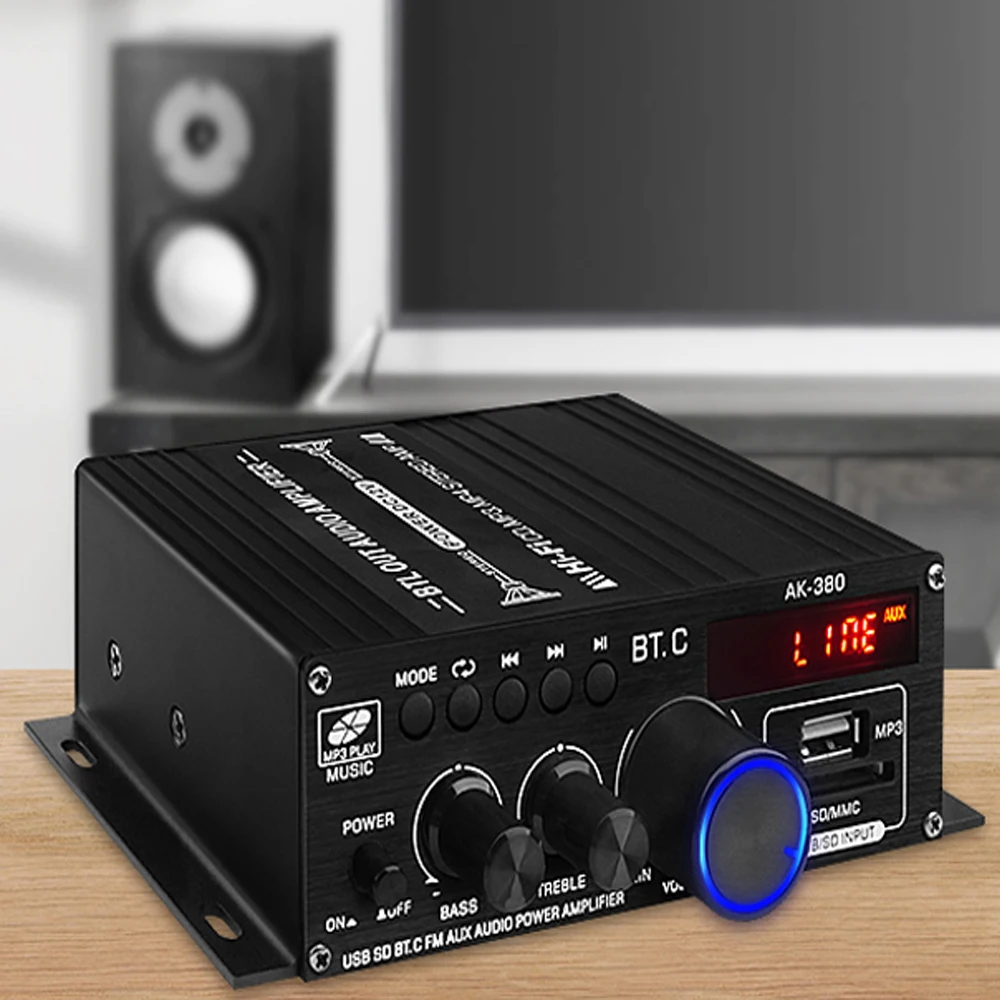 AK-380 블루투스 5.0 가정용 오디오 앰프, HIFI 2.0 채널 앰프, 지지대 USB AUX SD 카드 입력, 가정용 AV 시스템에 적합
