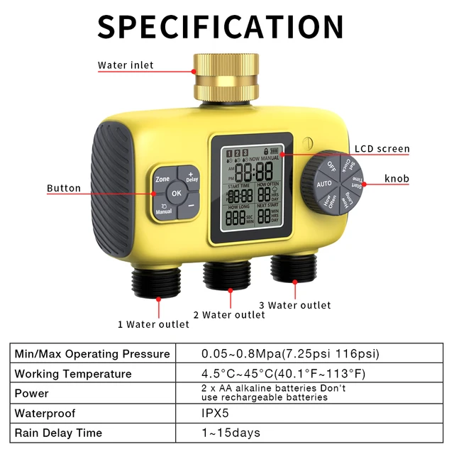3-Outlet Automatic Water Timer Garden Irrigation Watering System Smart Independent Control Sprinkler Programmer Tools 6